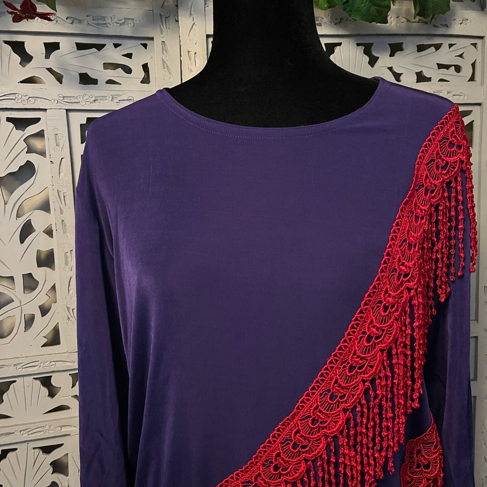 MAXIMA USA VINTAGE gorgeous purple with red fringe 2pc top & skirt maxi dress - Picture 3 of 11